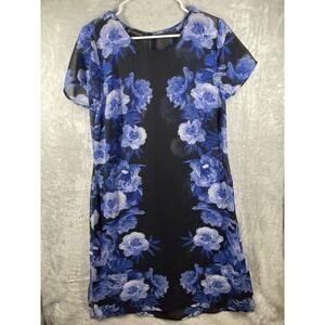 INC International Sheer Dress Tunic Sz Large  Blue Floral Short Sleeve layer